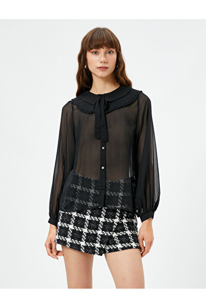 Koton Šifon Baby Límeček Košile Stuha Detailní volán Dlouhý rukáv