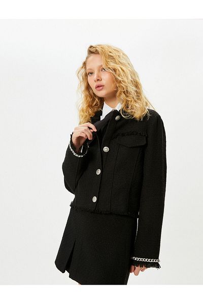 Koton Tweed Jacket Tassel Flap Pocket Detailed Cuffs Chain Shirt Collar