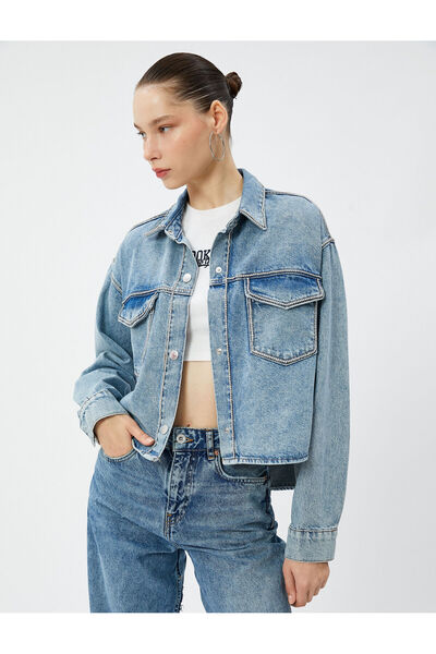 Koton Jachetă din denim cu buzunare brodate cu piatră, guler cămașă
