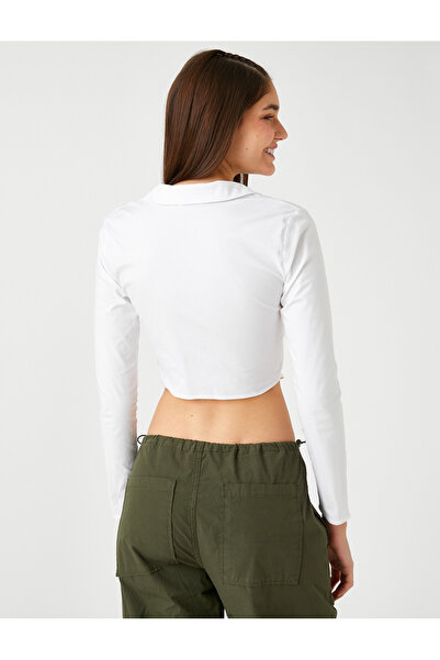 Koton Πουκάμισο Crop Poplin Μπροστινό φερμουάρ Μακρύ μανίκι γιακά