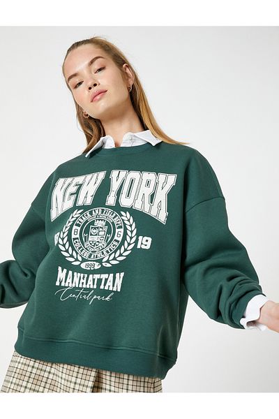Koton Crew Neck and Ribbed Raised College Sweatshirt - Printed