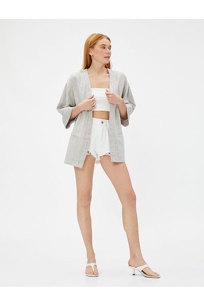 Koton Kurzer Kimono aus Leinenmischung mit Taschen