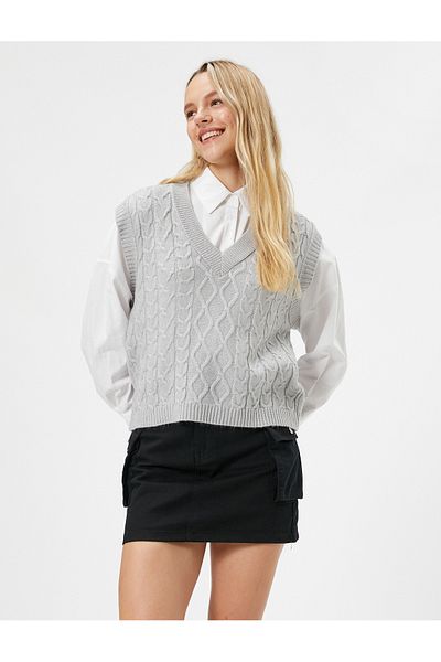Koton V-Neck Sweater with Hair Braid Detail