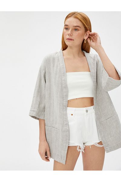 Koton Kurzer Kimono aus Leinenmischung mit Taschen