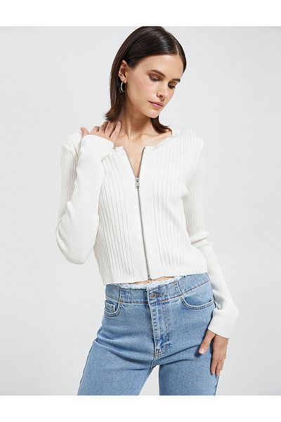 Koton Zippered Cardigan Ribbed Round Collar