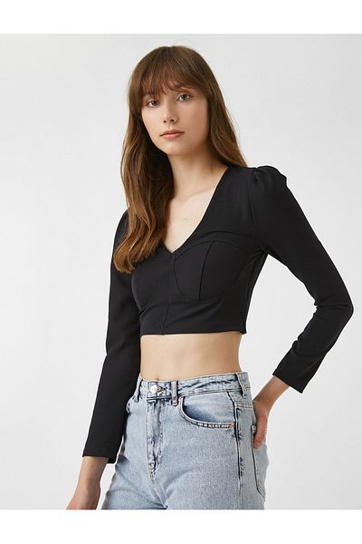 Koton Crop Abendkleid Bluse Langarm V-Ausschnitt