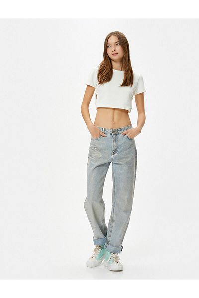 Koton Crop T-Shirt Παράθυρο Λεπτομερές κοντό μανίκι Crew λαιμόκοψη βαμβακερό