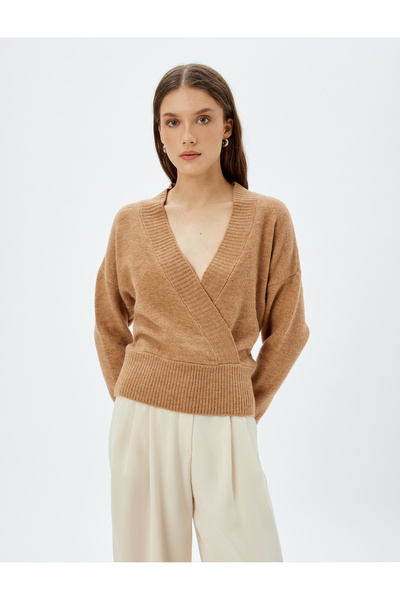 Koton Πλεκτό πουλόβερ με μακρυμάνικο διπλό στήθος με λαιμόκοψη