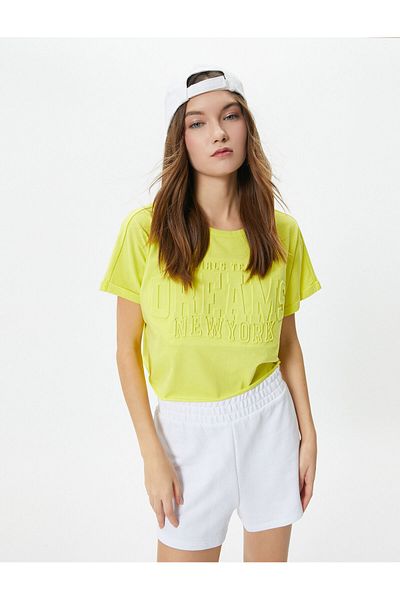 Koton Tricou de damă din bumbac verde - Decolteu 4sal10031ık