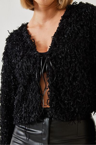 Bianco Lucci Cardigan cu șireturi în față cu ciucuri pentru femei 39126 60261044