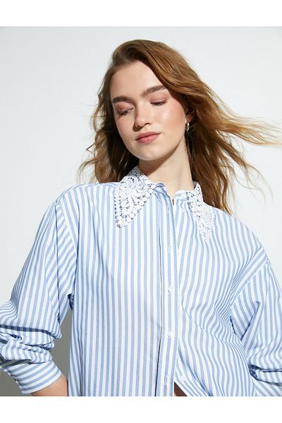 Koton Lace Collar Oversize Poplin Shirt Long Sleeve Buttoned