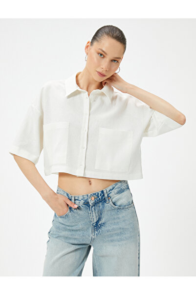 Koton Crop vászon ing könyök méretű, rövid ujjú zsebes, kényelmes viselet