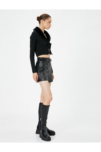 Koton Faux Fur Collar Knitwear Cardigan Tie Front Long Sleeve