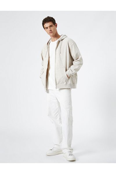 Koton Oversize Zippered Sweatshirt Hooded Pocket Detailed Label Printed Ribbon