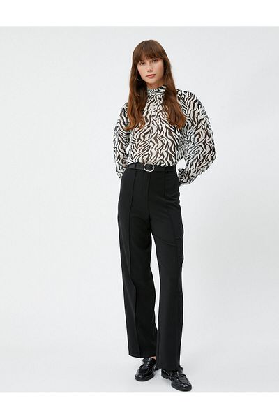Koton Chiffon Blouse Magnificent Collar Balloon Sleeves Zebra Pattern