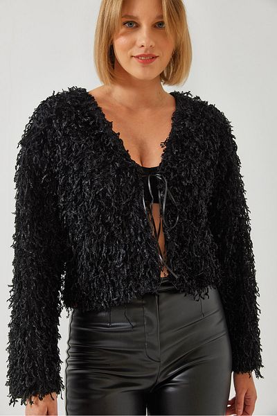 Bianco Lucci Cardigan cu șireturi în față cu ciucuri pentru femei 39126 60261044