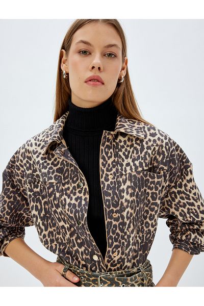 Koton Leopard Seasonal Jacket Shirt Collar Pocket Snap Button