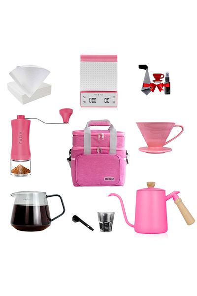 MIBRU V60 Set 12 Pcs Premium Pour Over Accessorie With Bag, Dripr Coffee Maker Scale Server Size 02 Pink