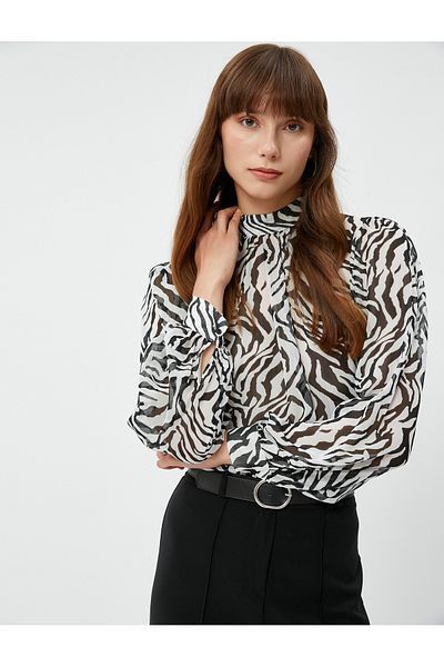 Koton Chiffon Blouse Magnificent Collar Balloon Sleeves Zebra Pattern
