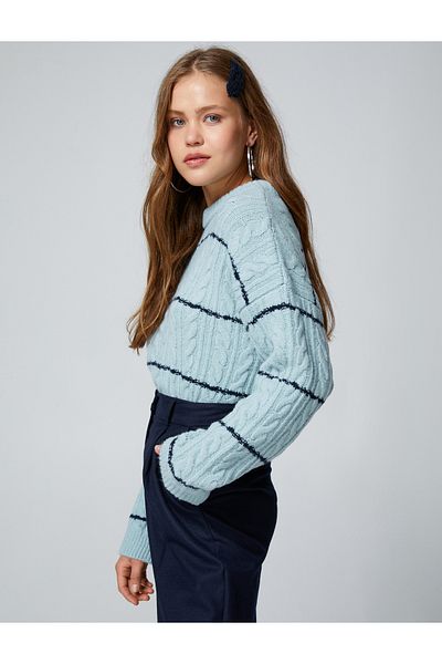 Koton Crew Neck Knitwear Sweater Braided Motif Ribbed
