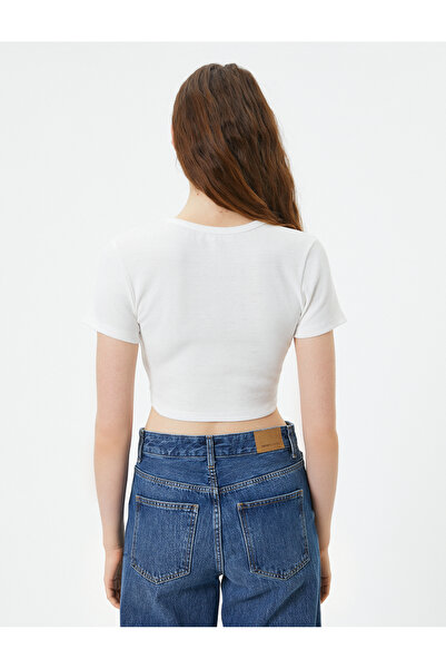 Koton Basic Crop T-Shirt με ραβδώσεις με κοντό μανίκι Crew Neck Slim Fit