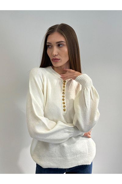 ossons Pulover de damă, cu guler cu nasturi, cu textura moale