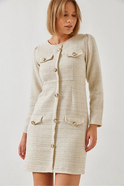 Bianco Lucci Detailliertes, geknöpftes Damenkleid mit Taschendeckel 60261022