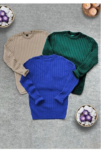 Gameyal Pulover din tricotaje cu gât crew din 3 piese (bej - verde smarald - albastru)