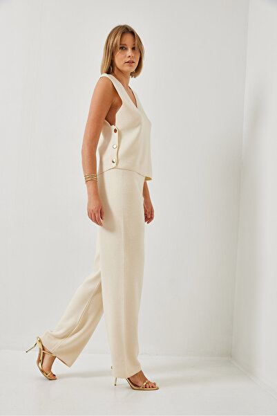 Bianco Lucci Γυναικείο Πλεκτό Κοστουμάκι Μπλούζα και Κάτω μέρος με Λεπτομέρεια Κουμπιών στο πλάι 60351274