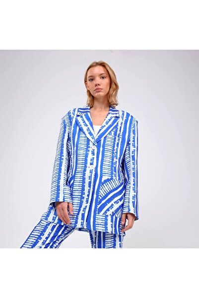 OUZ Fashion Kadın Torba Cepli Vatkalı Şal Yaka Çizgili Dijital Baskılı Ceket