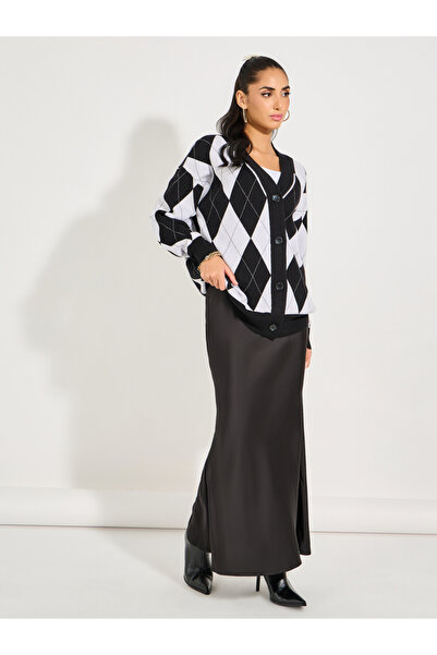 Styli Oversized Longline Button Down Argyle Cardigan