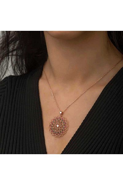 ECOME Silver Rose Geometric Patterned Locket Necklace