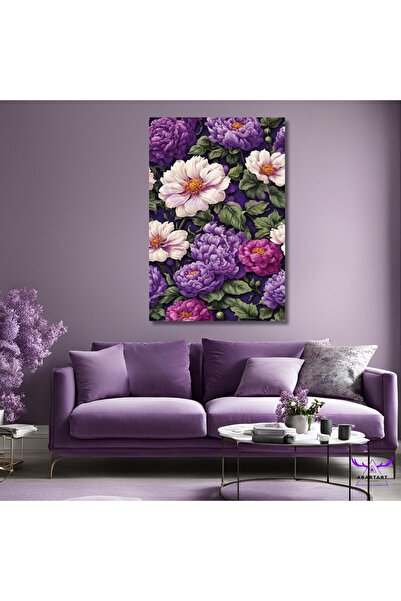 abartart Tekli Dikey Kanvas Mor Beyaz Lila Büyük Çiçekli Duvar Tablosu