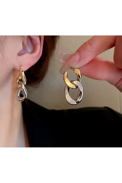 YASİN TOPÇU Steel Gold Double Hoop Dangle Earrings
