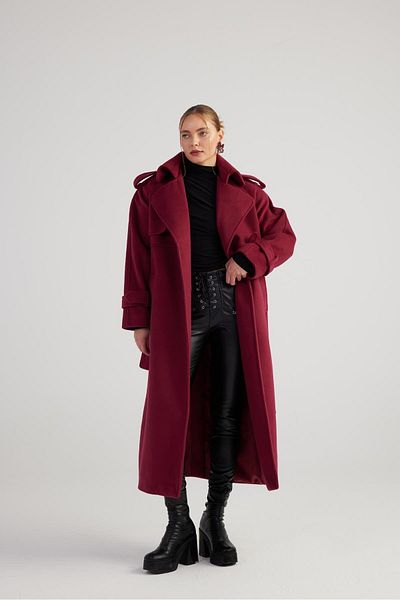 HOLLY LOLLY Claret Red Stamp Nora Coat - Long with Belt and Belt