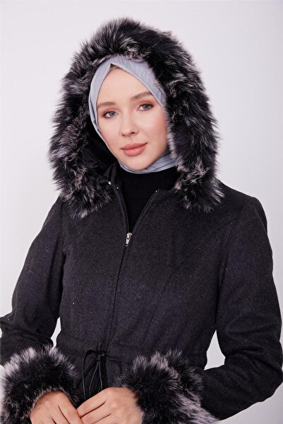 Armine Kolları Ve Kapşonu Kürklü Manto 23k8617 Antrasit