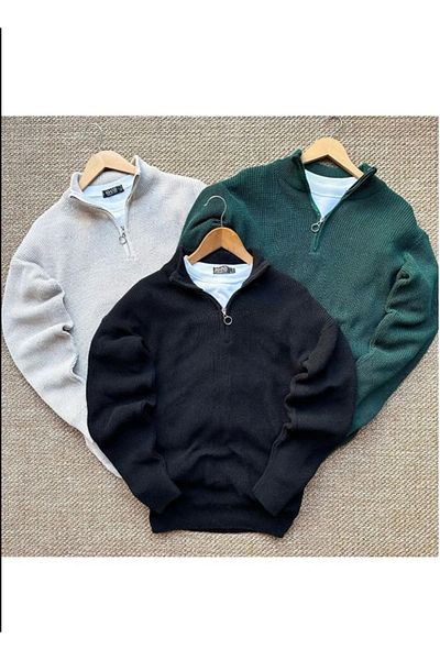 Gameyal 3-Piece Half Zipper Collar Knitwear Sweater Set (Beige - Black - Emerald Green)