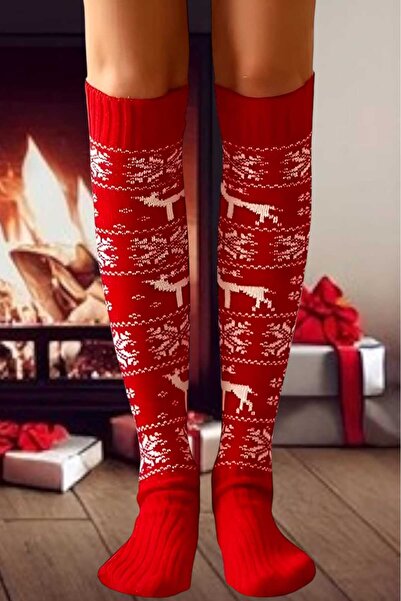Uniquetrenders Дамски трицветни коледни чорапи до коляното с мотив на снежинки