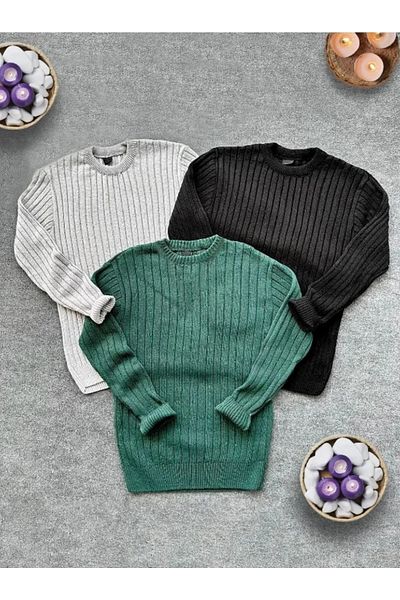Gameyal Set de 3 pulovere tricotate cu gât roșu (negru - gri - verde smarald)