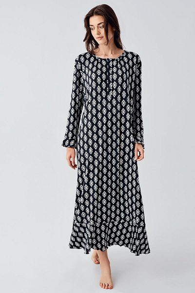 Artış Long Sleeve Buttoned Print Viscous Stretchy Nightgown
