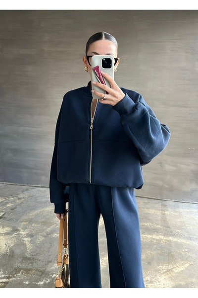 My Blog Women's Navy Blue Front Zippered Premium Tracksuit Set - 909015