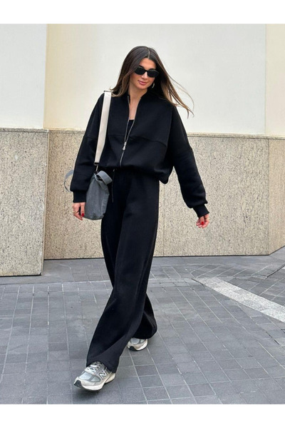 My Blog Női fekete elülső cipzáras prémium tréningruha szett - 8606