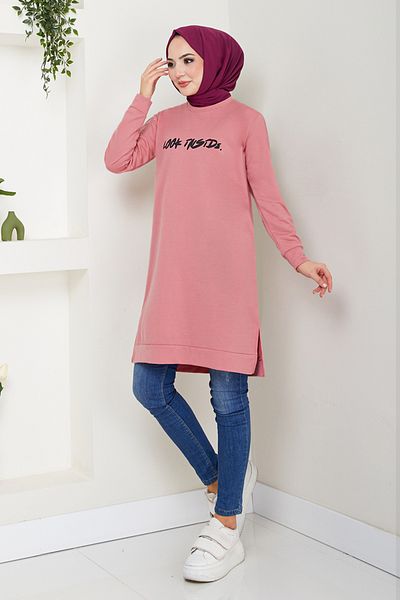 ModaMerve 788Ozr1047-M Dusty Rose Print Detailed Sports Tunic