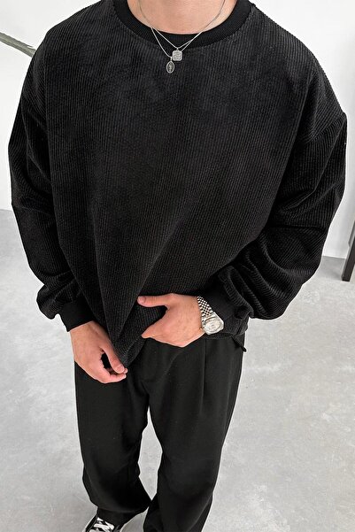 HAFKAGİYİM Siyah Fitilli Kadife Basic Sweat