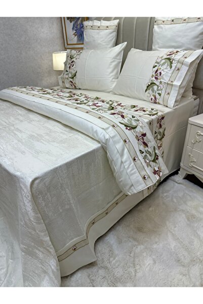 incisecrethome 100% Cotton Satin Embroidered Bedspread Set - Double Size -/ 7 Pieces / Elegant Dowry Set.