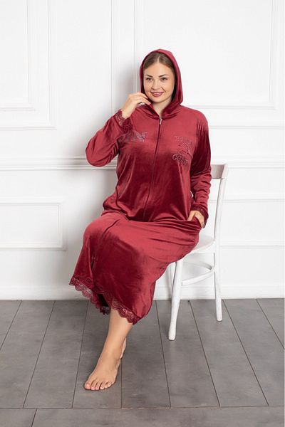 Lady Lingerie Φόρεμα μάξι μεγάλου μεγέθους βελούδινο κόκκινο με κουκούλα με φερμουάρ