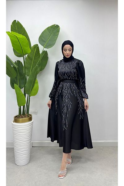 Tesettür Diyarı Black Hijab Evening Dress - Women'S, Cushioned and Embroidered