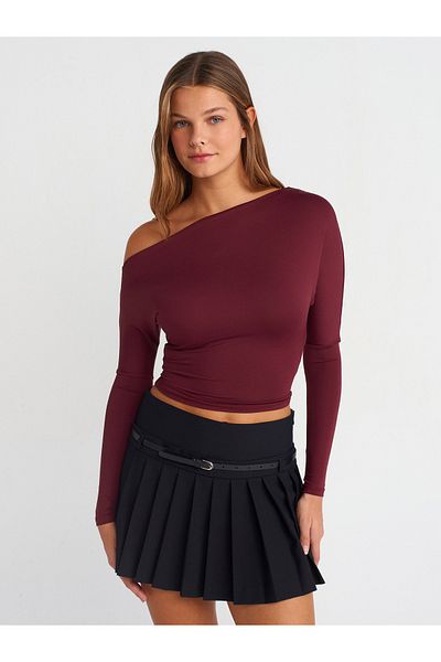 Dilvin 31438 Long Sleeve Asymmetric T-Shirt-Claret Red