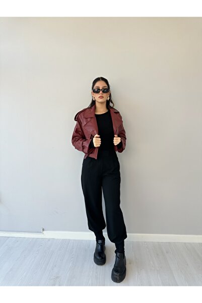 Canteks Kadın Chery Kırmızı Kol Kemerli Apolet Detay Head Deri Ceket