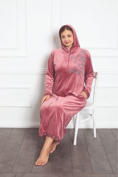 Lady Lingerie Φόρεμα μάξι μεγάλου μεγέθους βελούδινο ροζ με κουκούλα με φερμουάρ